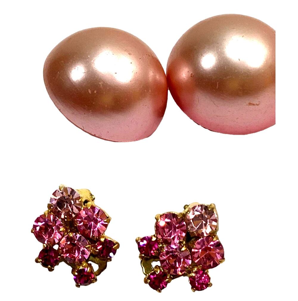 2 Pair Pink 1950s 60s Earrings Austria Rhinestone Japan Plastic Dome